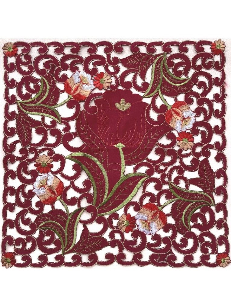 Wine red square embroidery hollowed out dining mat