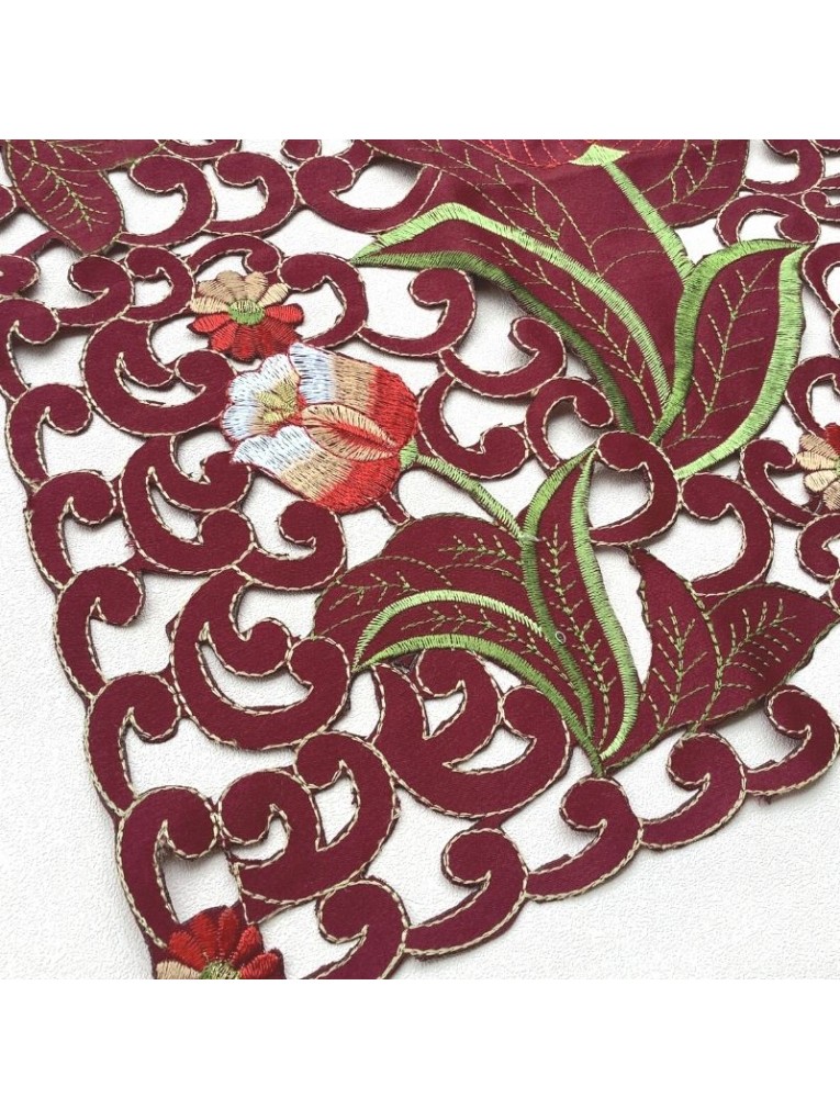 Wine red square embroidery hollowed out dining mat