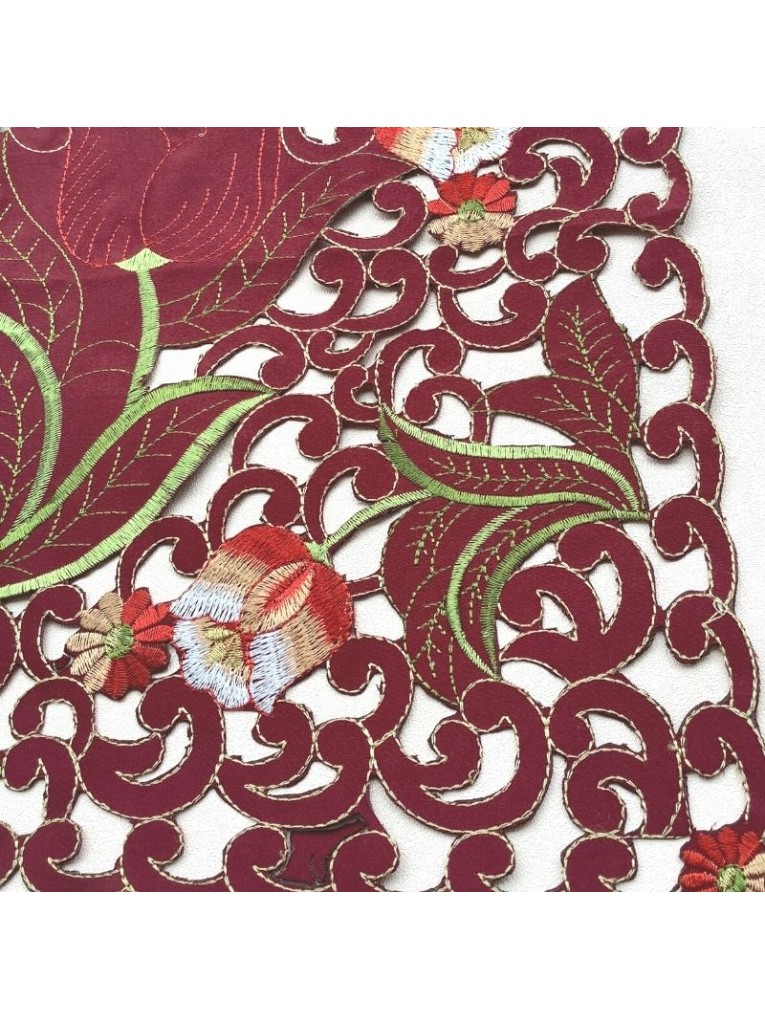 Wine red square embroidery hollowed out dining mat