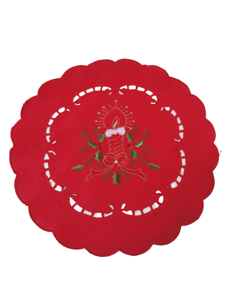 Round Christmas red candle embroidered placemat